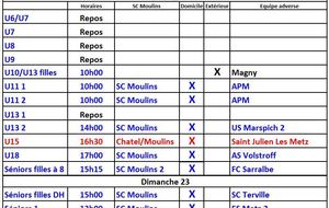 Programme SC Moulins  week end du 22 et 23 Octobre 