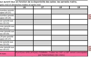 les dates des plateaux en salle pour les catégories U6/U7 , U8 et U9