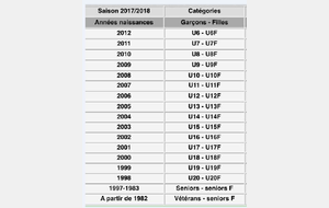 Catégories  pour la saison 2017 - 2018 ainsi que les horaires des entrainements pour la fin de  saison