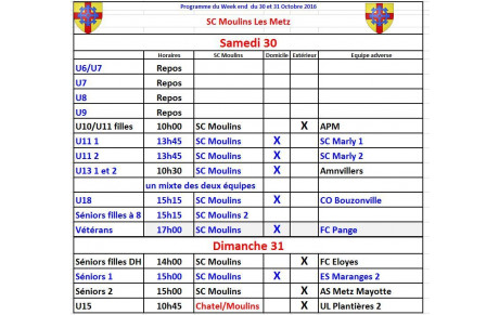 Programme du Week - End du 29 et 30 Ocotbre 2016