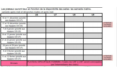 les dates des plateaux en salle pour les catégories U6/U7 , U8 et U9