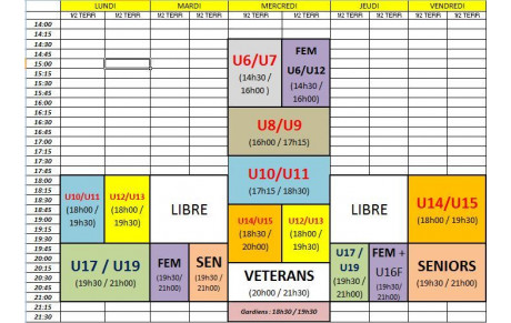 PLANNING DES ENTRAINEMENTS 2017 - 2018